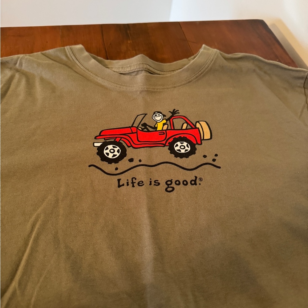 Life is Good Olive Green T-Shirt with Red Jeep Graphic
